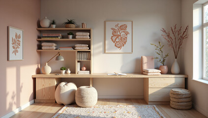 A cozy minimalist workspace with soft hues and natural decor accents for inspired productivity, photography of interior design concept.