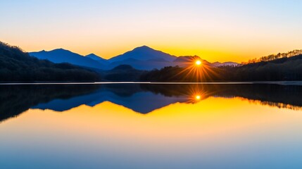 Obraz premium Serene Sunrise Photo: Majestic Mountains Mirrored in Calm Lake Waters. AI Generated
