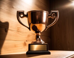 A golden trophy with a black base and gold plaque sits on a wooden shelf, bathed in warm light.