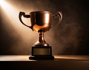 A golden trophy with a plaque sits on a wooden surface, illuminated by a spotlight against a dark background.