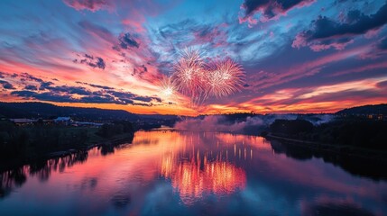Naklejka premium A vibrant sunset with fireworks reflected in a serene river.