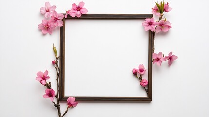 Delicate Pink Blossoms Gracefully Frame Blank Canvas Photo Mockup. AI Generated