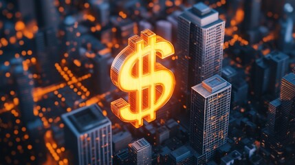 Glowing Dollar Sign Rises Above Cityscape: Dynamic 3D Render Illustration. AI Generated