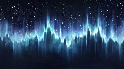 A vibrant, abstract representation of a night sky with shimmering peaks.