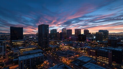Fototapeta premium Vibrant city skyline at sunset with colorful clouds and illuminated buildings.