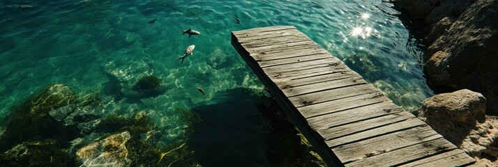 Wooden dock extending over clear turquoise water with visible fish.