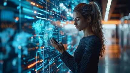 Woman looking at a glowing digital world map on a screen with blue and orange lights. AI generative. .
