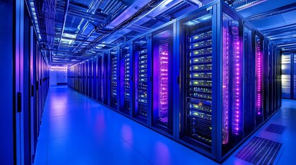 Advanced server room interior with sleek equipment and glowing racks