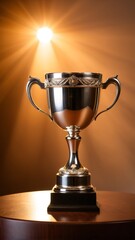 A gleaming trophy with a gold-colored base and handles sits on a wooden table, illuminated by a bright light shining from the top left corner.