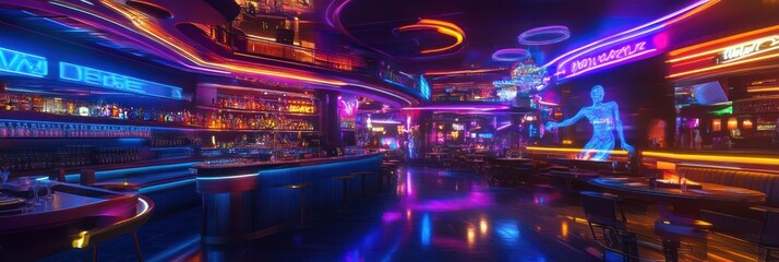 Obraz premium Neon-lit bar interior with a futuristic design and glowing blue and purple accents.
