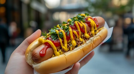 Hand holding a hotdog topped with ketchup and mustard on white background