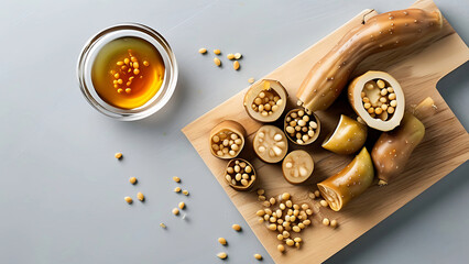 Top view of pickled banana blossom slices arranged on a wooden board with honey in a glass bowl.  Healthy food, Asian cuisine concept.