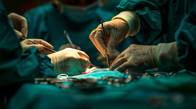 An in-depth view of a cardiac surgery in progress by a team of surgeons in uniform, AI Generative