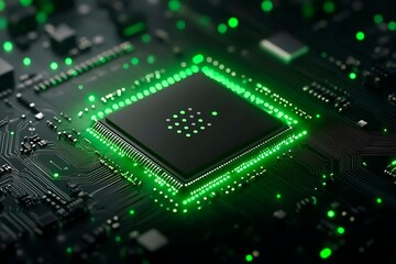 This vector illustration features a gradient green-black circuit board background, highlighted by an abstract technology pattern resembling interconnected circuitry