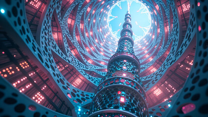 A futuristic spiral tower surrounded by bioluminescent patterns in a dreamlike atmosphere, digital art of futurism concept.