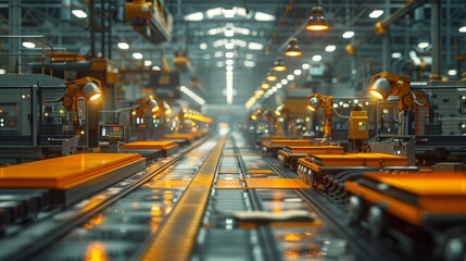 A glimpse inside a factory where constructions merge with industry technology, the manufacturing interior alive with the buzz of the production line, AI Generative