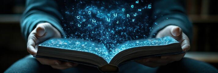 Glowing letters magically rise from an open book held in hands.