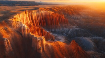 Aerial view of vibrant, sunlit desert canyon at sunset.