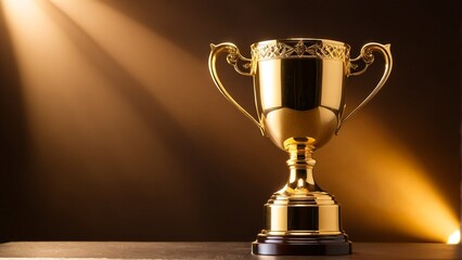 A golden trophy with intricate designs sits on a dark surface, illuminated by a spotlight on the left side.