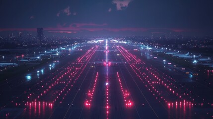 Fototapeta premium Night aerial view of illuminated airport runway with city skyline in background.