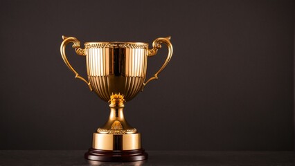 A golden trophy with two handles stands on a dark surface, reflecting light and showcasing its intricate design.