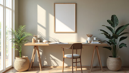 Serene home office with natural light and greenery enhancing a productive atmosphere, photography of interior design concept.