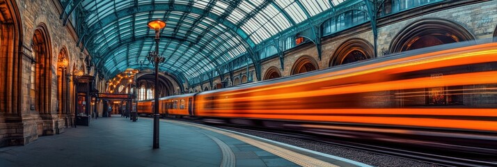 Fast train speeding through a historic train station.