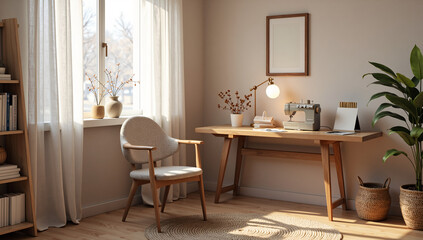 Fototapeta premium Cozy home workspace bathed in natural light with a sewing station and stylish decor, photography of interior concept.