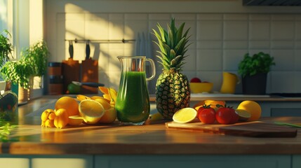 Fresh green smoothies being prepared in a kitchen with various fresh fruits and vegetables on the counter. Healthy lifestyle concept.