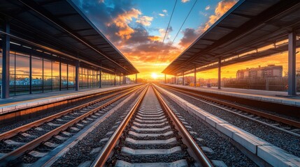Obraz premium Train tracks at sunset, modern station. Ideal for travel, transportation, journey themes.