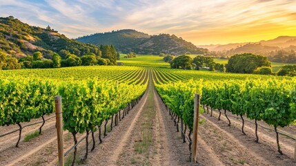 Vibrant sunset over rows of lush green vineyards in a picturesque valley.