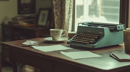 Vintage typewriter, coffee cup, and papers on wooden desk near window.