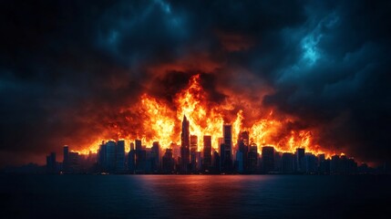 Obraz premium Fiery Cityscape: A Dramatic Digital Painting of Intensely Burning Buildings at Night. AI Generated