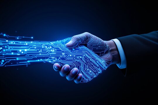 A digital handshake blending human and technology with glowing circuit board patterns, futuristic style, dark background, concept of innovation. Ai generative
