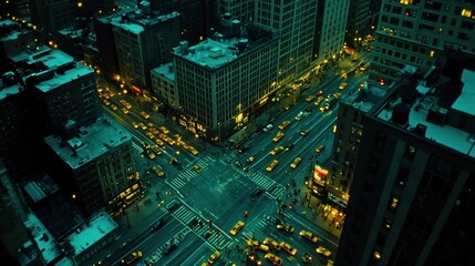 Aerial night view of city intersection with traffic and buildings.