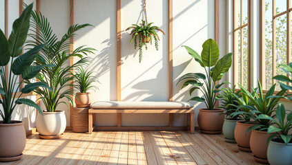 Fototapeta premium Bright and inviting indoor space filled with lush greenery and natural light, photorealistic of interior design concept.