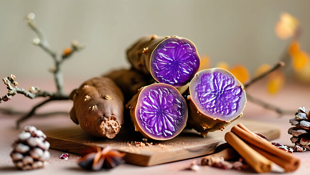 Close up of vibrant purple sweet potatoes sliced to reveal intricate floral patterns, arranged on a wooden board with cinnamon sticks, star anise, and pine cones.  Autumnal harvest concept.