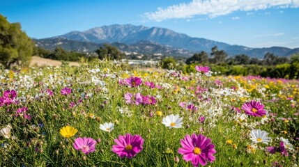 Fototapeta premium Vibrant wildflowers bloom in a field with mountains in the background under a bright blue sky.
