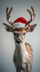 Festive deer in a Santa hat. AI.