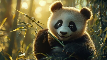 Obraz premium A cute panda holding bamboo in a serene, sunlit forest setting.