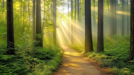 Fototapeta premium Sunbeams illuminate a path through a misty forest.