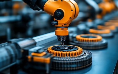 Obraz premium Robotic arm assembling parts on automated production line. (3)