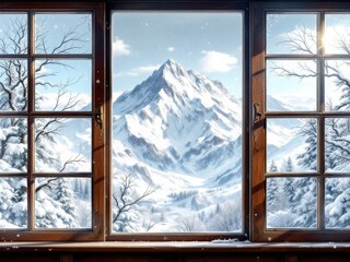Snowy Mountain View Through Wooden Window