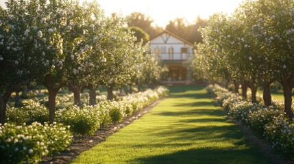 Sunlit path through blossoming orchard leading to house.