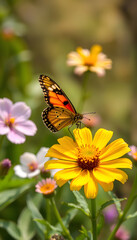 Spring Blooming flowers and fly butterfly, with white tones