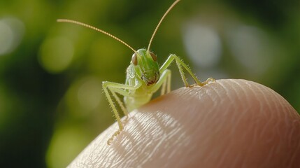 Close-up of a vibrant green grasshopper perched on a human fingertip against a blurred green background.