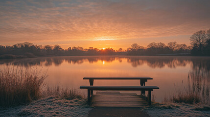 Quiet sunrise over a tranquil lake with a wooden dock in winter. 