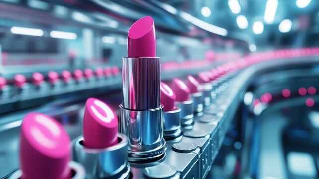 Pink lipstick on automated production line. Illustrates mass production & cosmetics industry.
