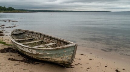 Obraz premium Weathered wooden rowboat on a tranquil beach under a cloudy sky.