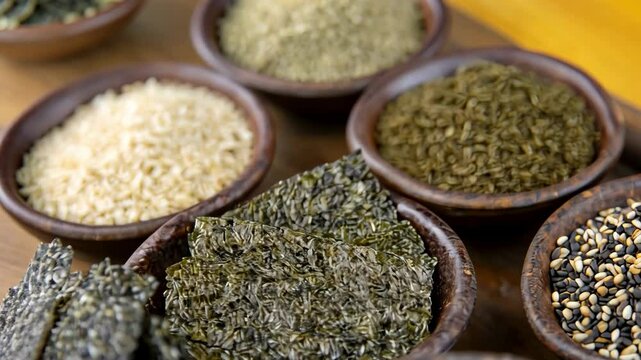 Exploration of various spices and herbs displayed in rustic bowls on a wooden surface